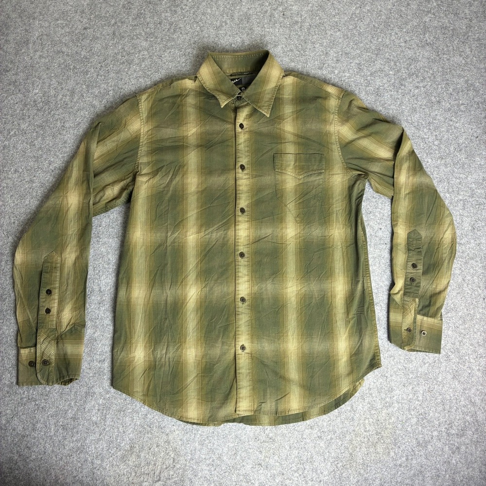 Prana Mens Long Sleeve Plaid Button Down Shirt Green Tan Outdoor Casual Large